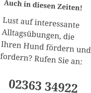 Auch in diesen Zeiten! Lust auf interessante Alltagsübungen, die Ihren Hund fördern und fordern? Rufen Sie an: 02363 34922